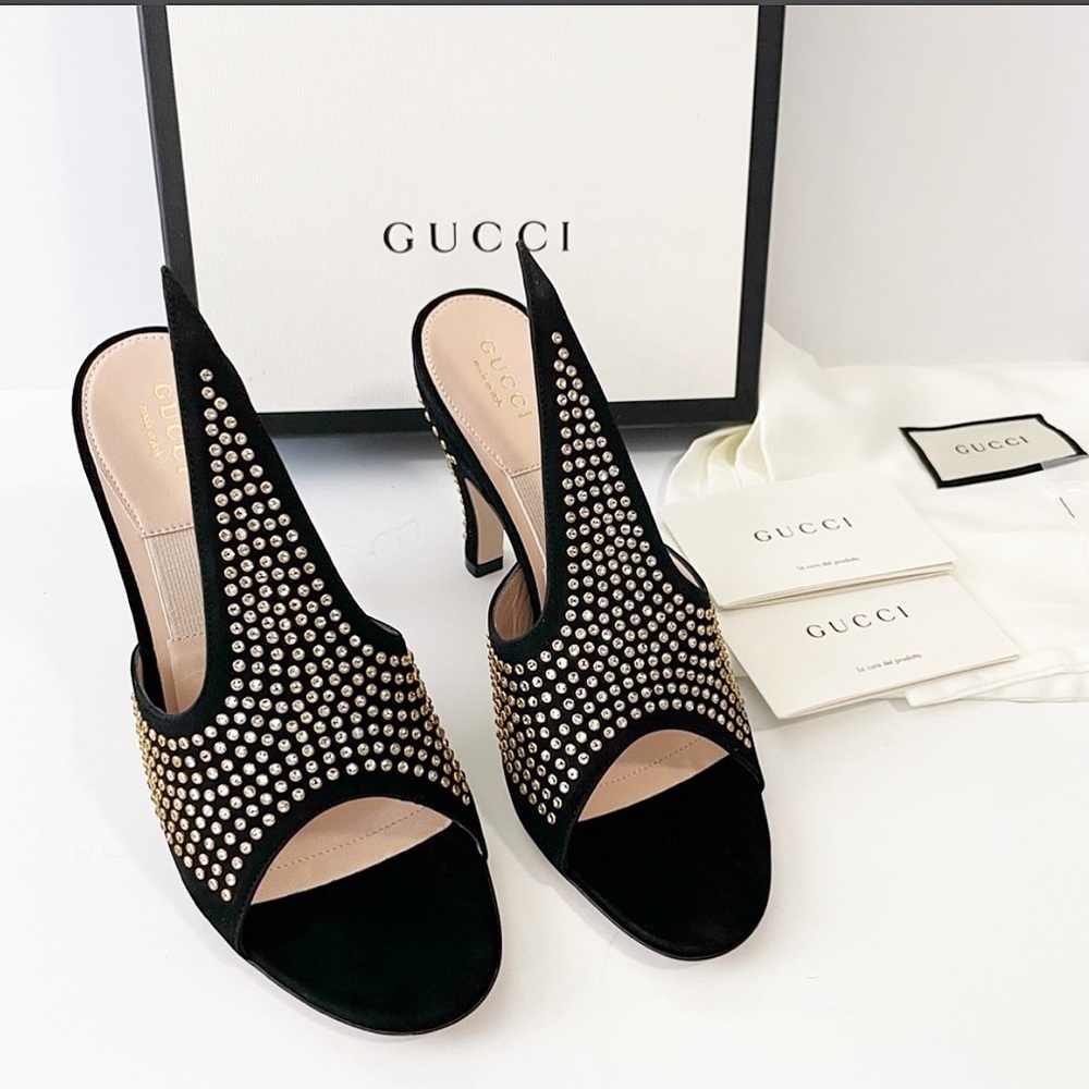 GUCCI Exaggerated point Crystal Suede Mules Black 37 7 glam era Renaissance